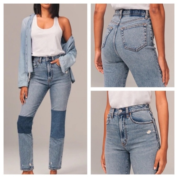 Abercrombie & Fitch Ultra High Rise Straight Ankle Distressed Patchwork Jeans 25 - Picture 1 of 10